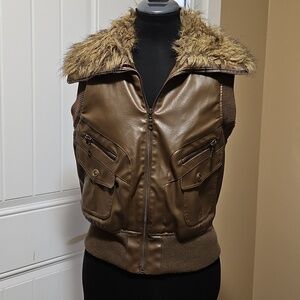 River Island Brown Vegan Leather Faux Fur Moto Utility Vest Med